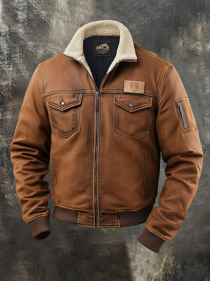 Men's Retro Classic Distressed Casual Fur Collar Pocket Jacket
