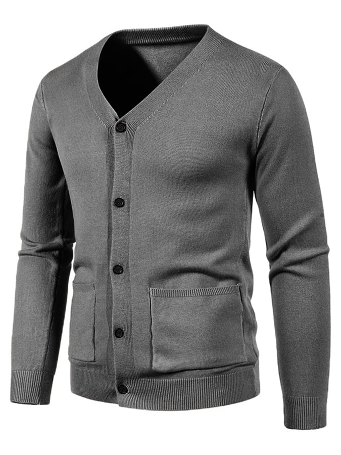 Men's Fashionable Pocket Button Design V-Neck Solid Color Sweater Jacket