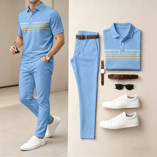 Men's Blue Short-Sleeve Polo Shirt and Pants Set