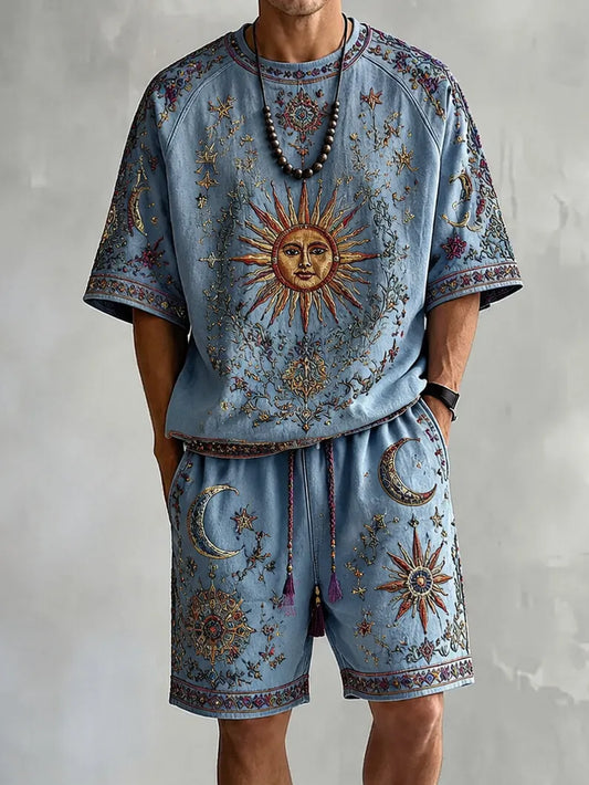 Men's Vintage Boho  Sun and Moon Mysticism Print T-Shirt Shorts Set