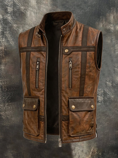Men's Vintage-Style Distressed Leather Multi-Pocket Vest