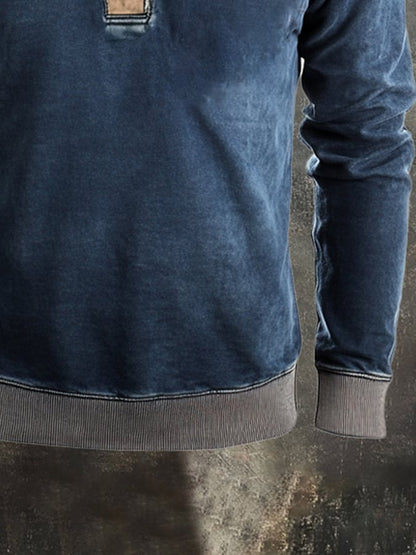 Men's Retro Stitching Contrast Color Henley Collar Casual Long Sleeve Sweatshirt