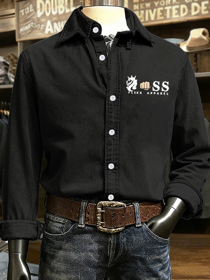Men's Retro Letter Design Printed Long Sleeve Casual Shirt