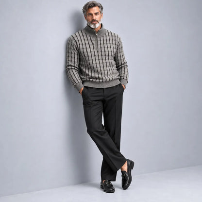 Men's Gray Cable Knit Stand Collar Quarter Zip Casual Pullover Sweater
