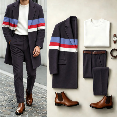 Men's Striped Print Coat Crew-Neck Sweater, and Slacks Three-Piece Set