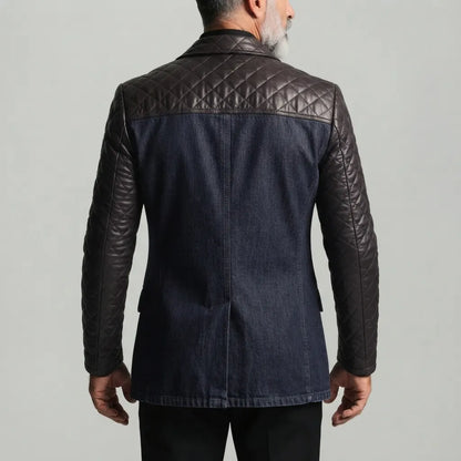 Men's Fashion Peak Lapel Double Breasted Quilted PU Leather Contrast Spliced Denim Blazer