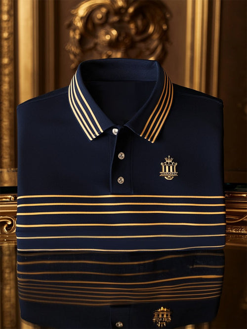 Men's Business Casual Striped Logo Button Short Sleeve Polo Shirt