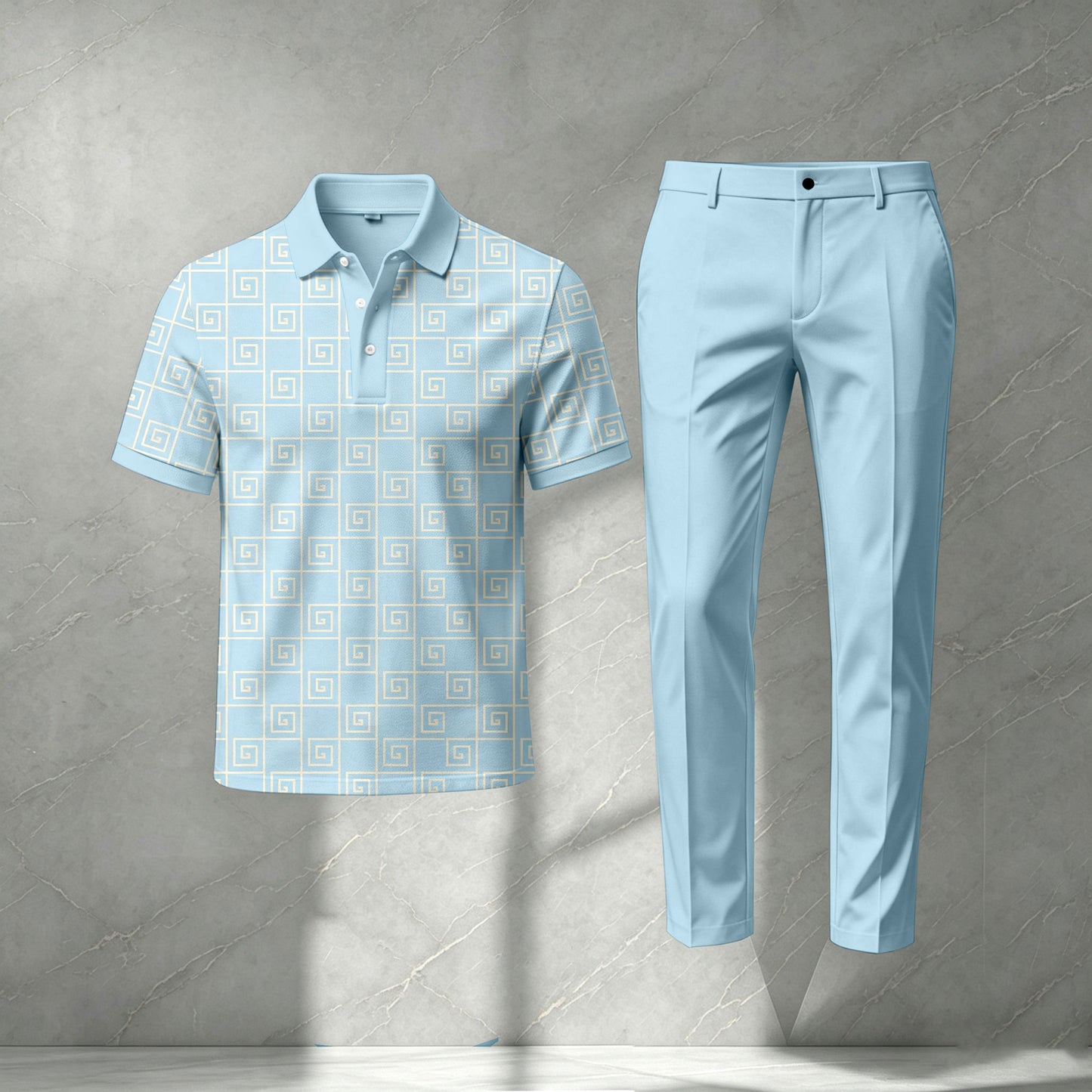 Men's Light Blue Checkered Print Short-Sleeve Polo Shirt and Pants Set