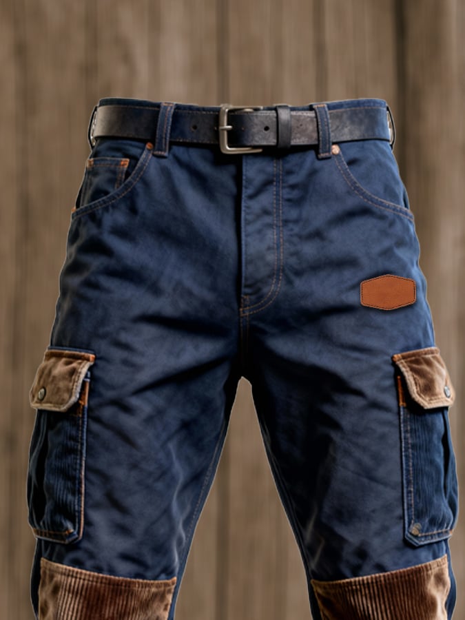 Men's Retro Stitching Functional Wear-Resistant Rip-Resistant Pocket Work Pants
