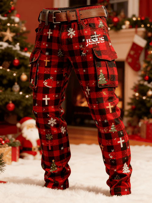 Men's Retro Christmas Evergreen Print Cargo Pants