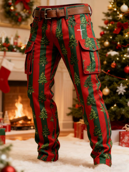 Men's Retro Striped Christmas Evergreen Print Cargo Pants