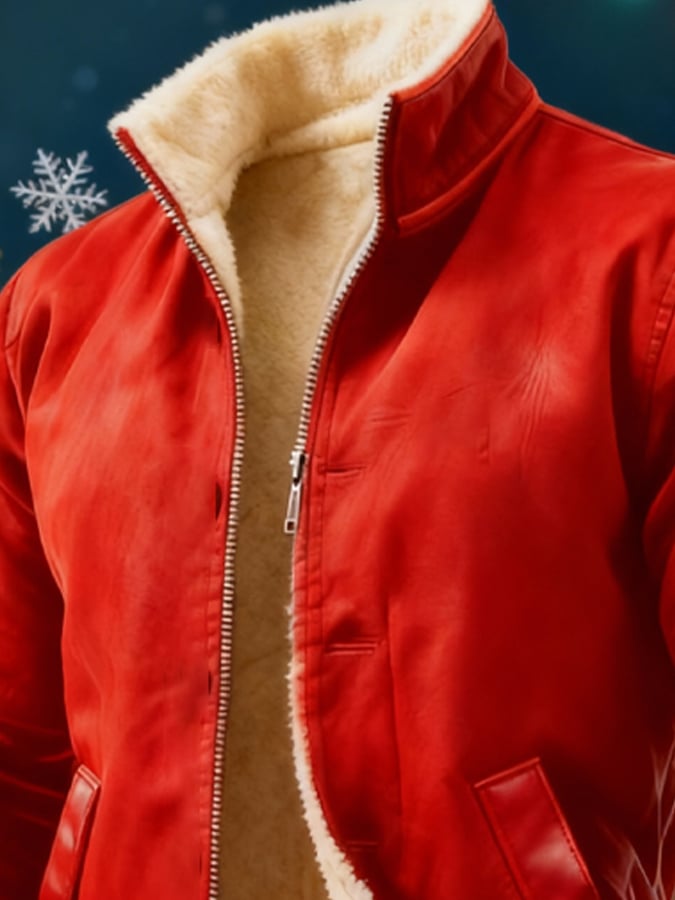 Men's Retro Leather Fleece-Lined Warm Christmas Outdoor Jacket