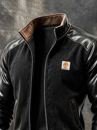 Men'S Retro Corduroy And Leather Panel Outdoor Jacket