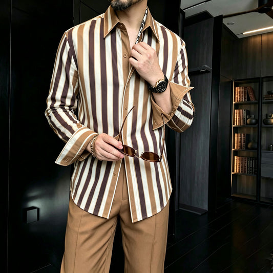 Men's Casual Striped Patchwork-Print Lapel Long-Sleeve Shirt and Pants Two-Piece Set