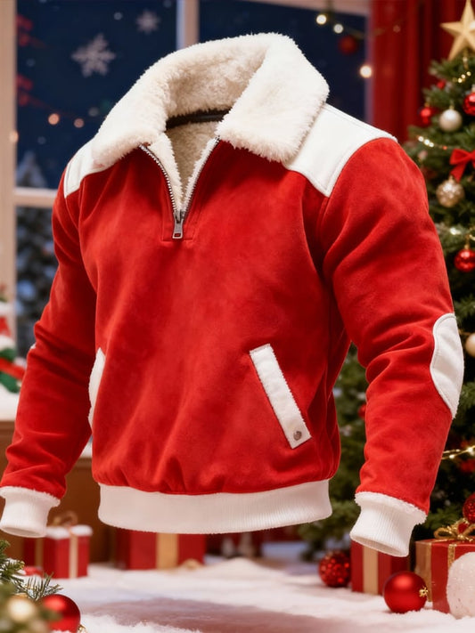 Men's Suede Warm Plush Color-Blocked Christmas Hooded Sweatshirt
