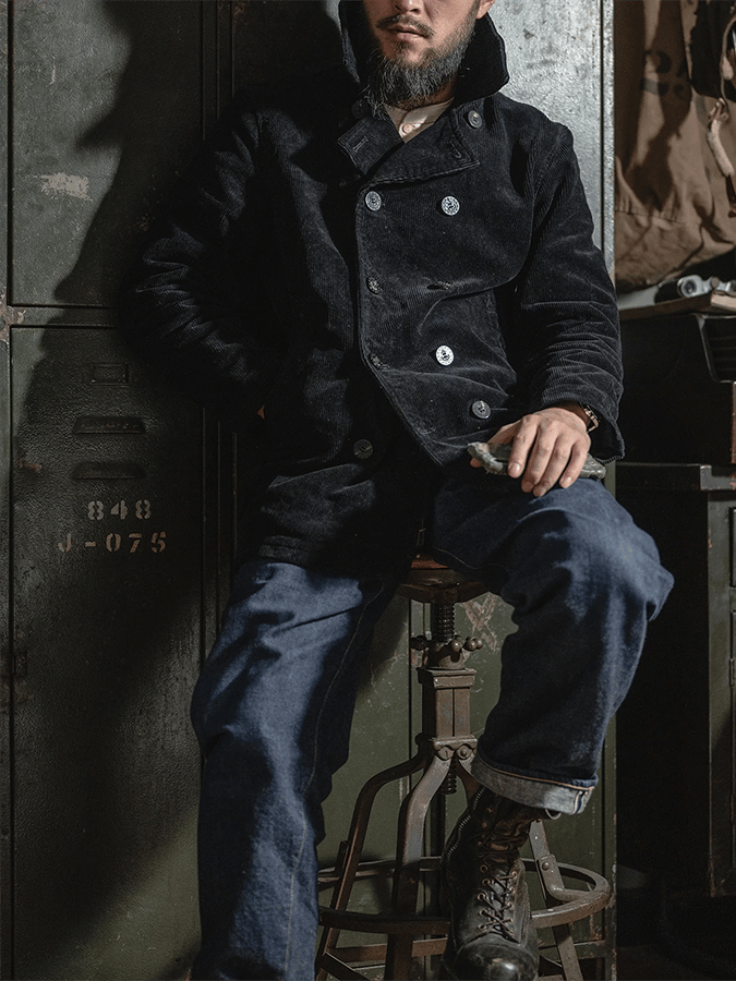 Men's Stylish Double With Pocket Design Breasted Casual Corduroy Coat