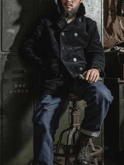 Men's Stylish Double With Pocket Design Breasted Casual Corduroy Coat