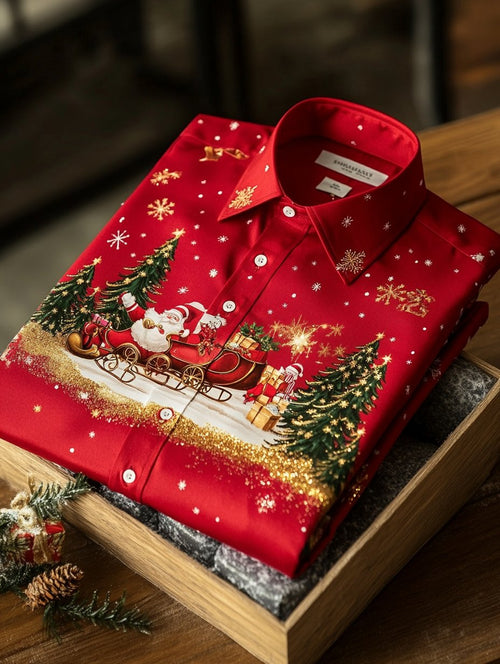 Men's Business Retro Santa Claus Print Long Sleeve Shirt