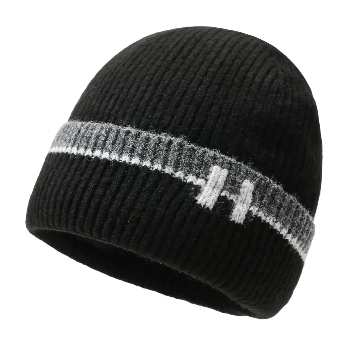 Men's Navy Blue Ribbed Knit Contrast Stripe Fold-Over Brim Fleece Lined Beanie Hat