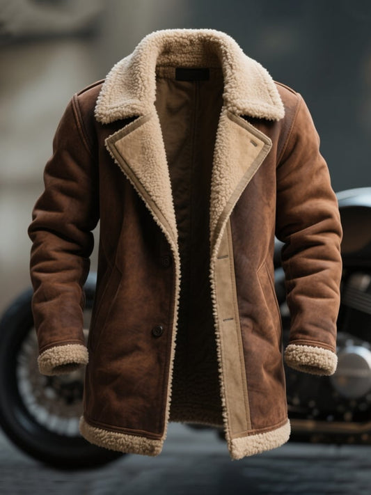 Men's Vintage Suede Colorblock Lambswool Lapel Mid-Length Jacket