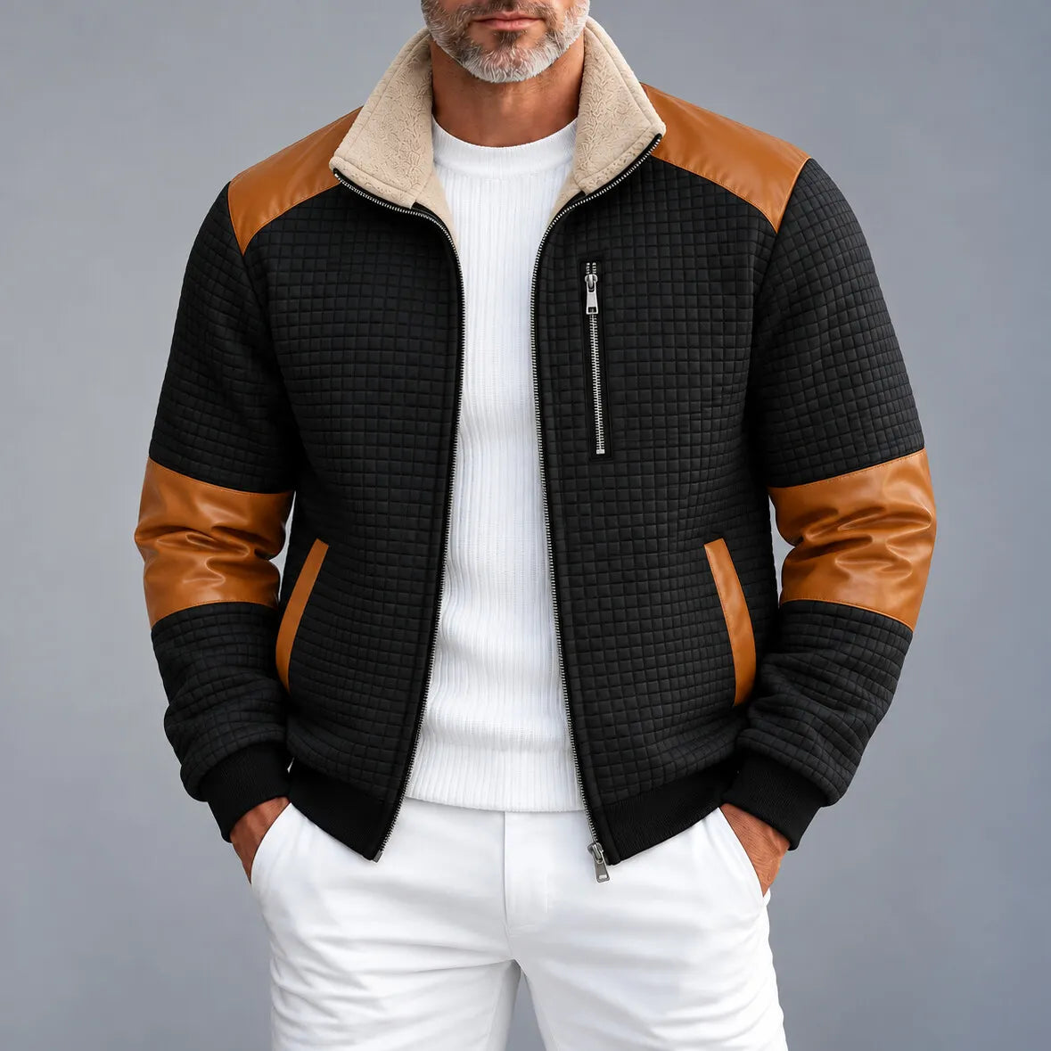 Men's Colorblock Patchwork Fleece Lined Stand Collar Quilted Zipper Bomber Jacket