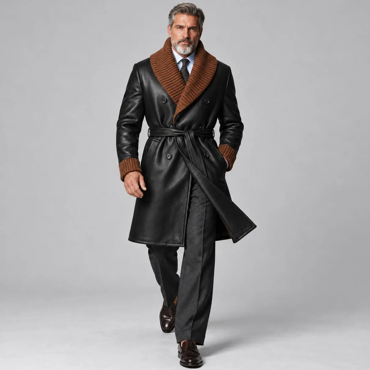 Men's Black Contrast Knit Shawl Lapel Double-Breasted Belted PU Leather Trench Coat