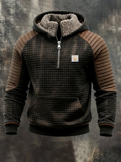 Men's Retro Waffle Stitching Contrast Color Comfortable Zipper Fur Collar Hooded Sweatshirt