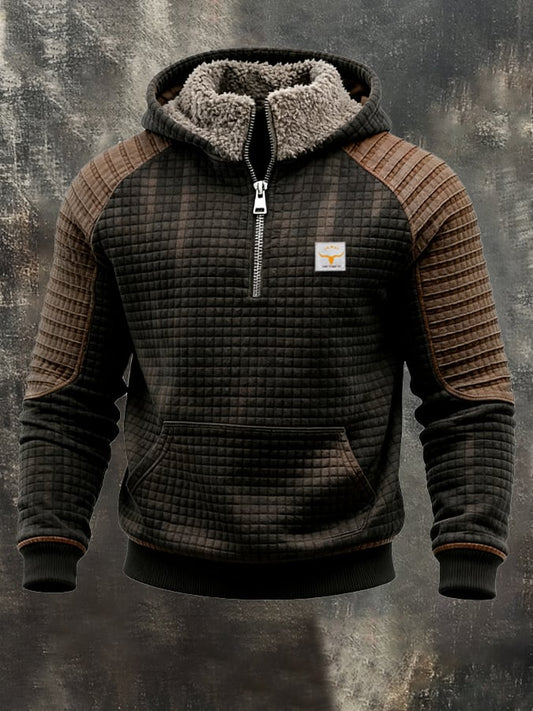Men's Retro Waffle Stitching Contrast Color Comfortable Zipper Fur Collar Hooded Sweatshirt