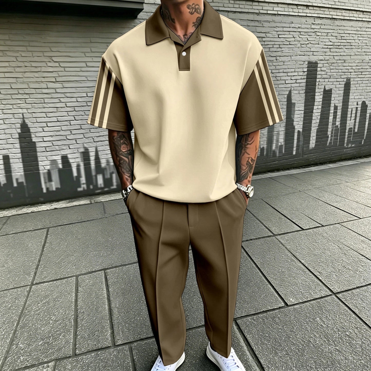 Men's Casual Beige Printed Polo Shirt And Pants Two-Piece Set