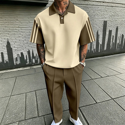 Men's Casual Beige Printed Polo Shirt And Pants Two-Piece Set