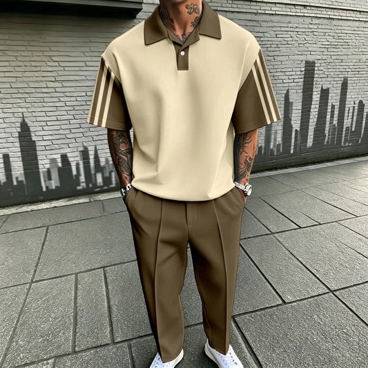 Men's Casual Beige Printed Polo Shirt And Pants Two-Piece Set