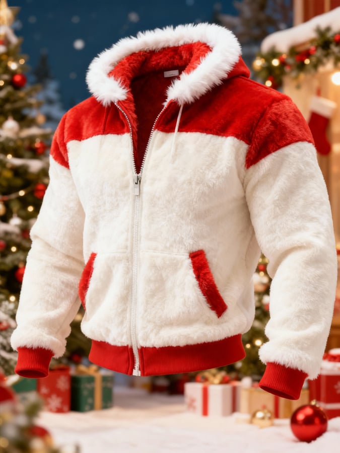 Men'S Plush Warm Color-Blocked Christmas Hooded Sweatshirt
