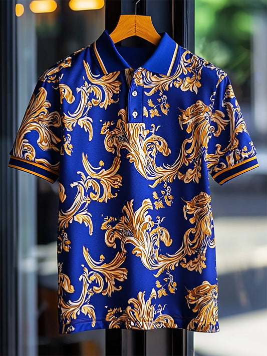 Men's Business Casual Baroque Art Button Short Sleeve Polo Shirt