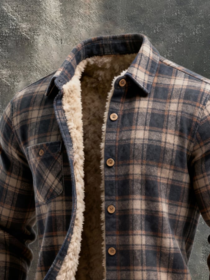 Men's Retro Plaid Warm Lambswool Lined Long Sleeve Shirt