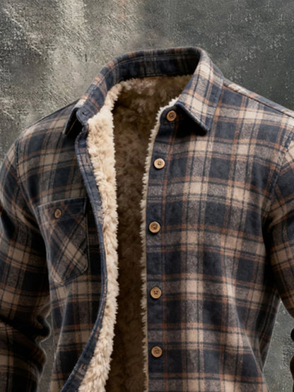 Men's Retro Plaid Warm Lambswool Lined Long Sleeve Shirt