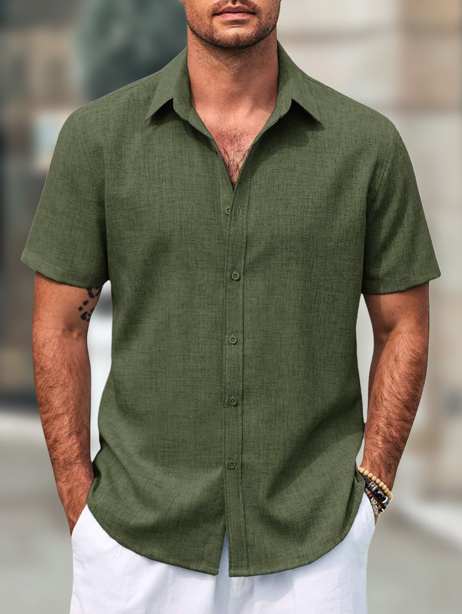 Men's Retro Casual Short Sleeve Faux Linen Lapel Shirt