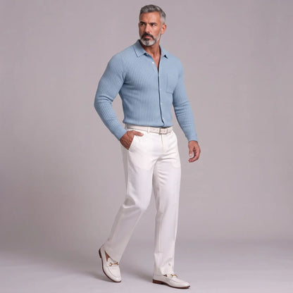 Men's Casual Ribbed Knit Single Breasted Chest Pocket Slim Fit Long Sleeve Shirt