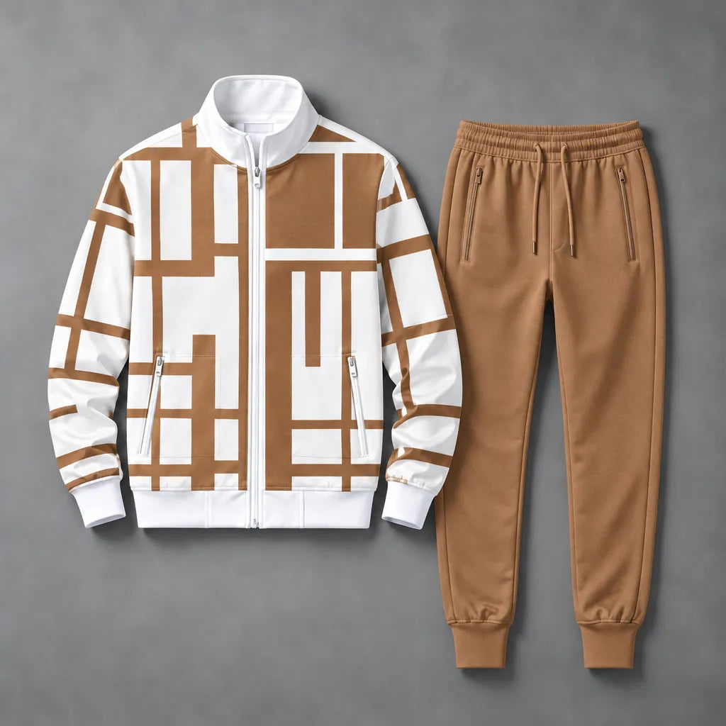 Men's Checkered Patchwork-Print Stand-Collar Sweatshirt and Pants Set