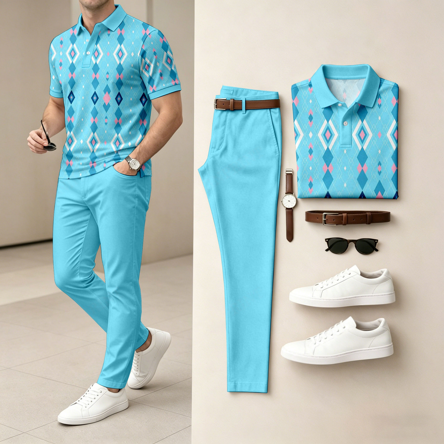 Men's Casual Colorful Diamond-Patterned Short-Sleeve Polo Shirt And Pants Set (Excludes Accessories Such As Watches And Belts)
