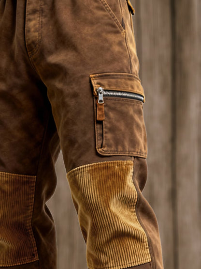 Men's Retro Stitching Functional Wear-Resistant Ripstop Zipper Pocket Work Pants
