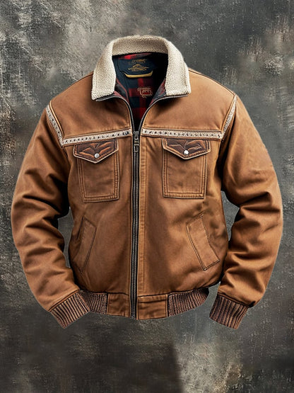 Men's Retro Classic Distressed Casual Fur Collar Pocket Jacket