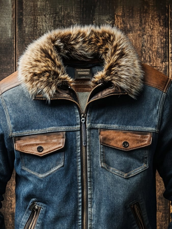 Men's Retro Stitching Contrast Color Zipper Fur Collar Jacket