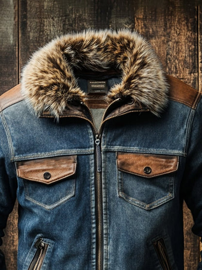 Men's Retro Stitching Contrast Color Zipper Fur Collar Jacket