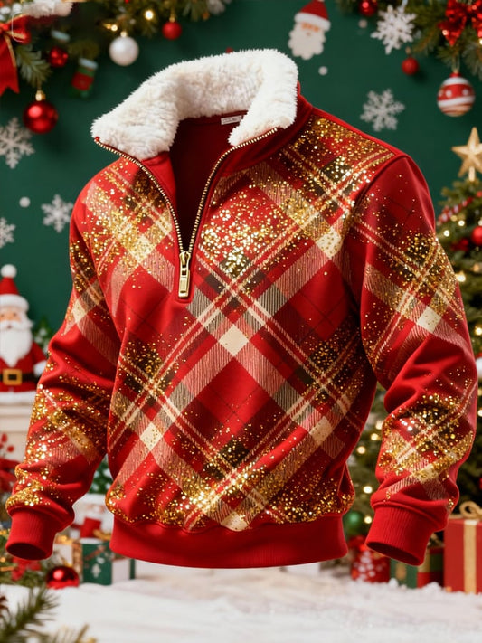 Men's Retro Color Block Print Christmas Fur Collar Sweatshirt