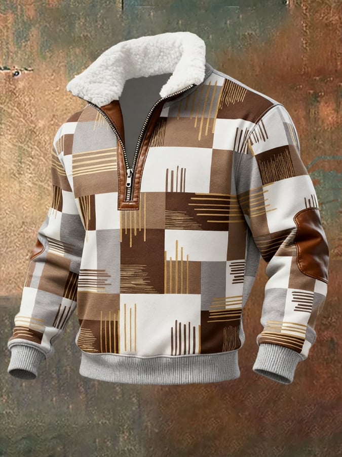 Men's Retro Distressed Color Block Print Casual Fur Collar Long Sleeve Sweatshirt