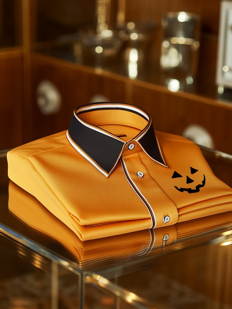 Men's Business Casual Orange Pumpkin Emoji Print Lapel Long Sleeve Shirt