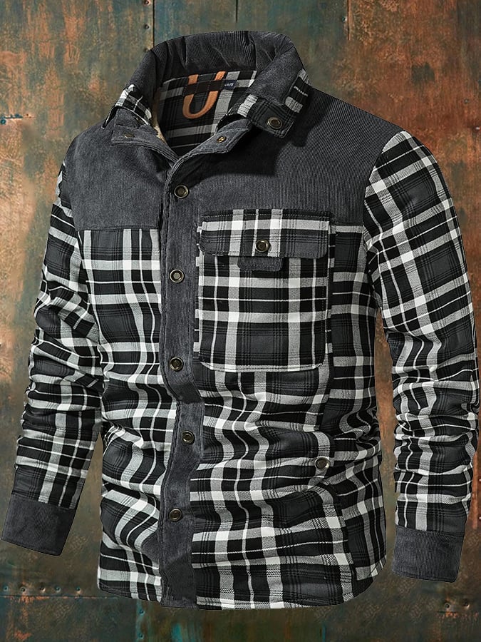 Men's Vintage Plaid Stand Collar Plus Velvet Autumn And Winter Jacket