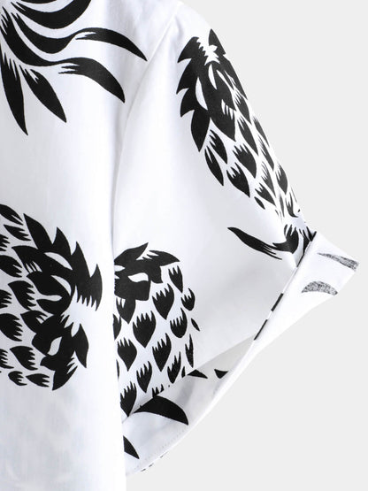 Men's Cotton Pineapple Print Summer Hawaiian Button Up Short Sleeve Shirt