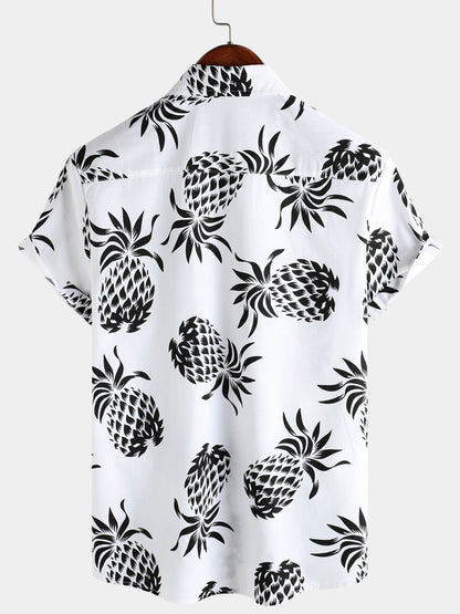 Men's Cotton Pineapple Print Summer Hawaiian Button Up Short Sleeve Shirt