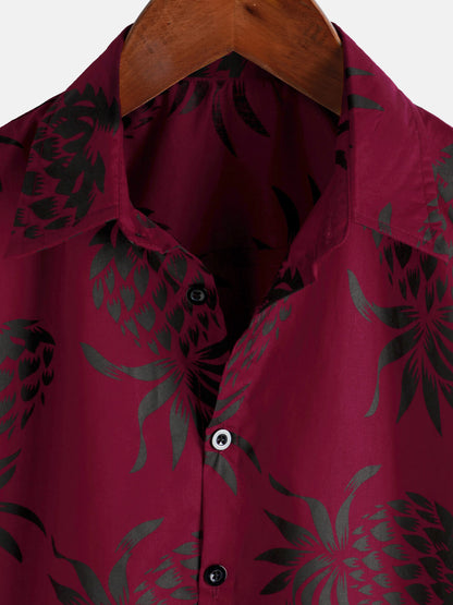 Men's Cotton Pineapple Print Red Summer Hawaiian Button Up Short Sleeve Shirt